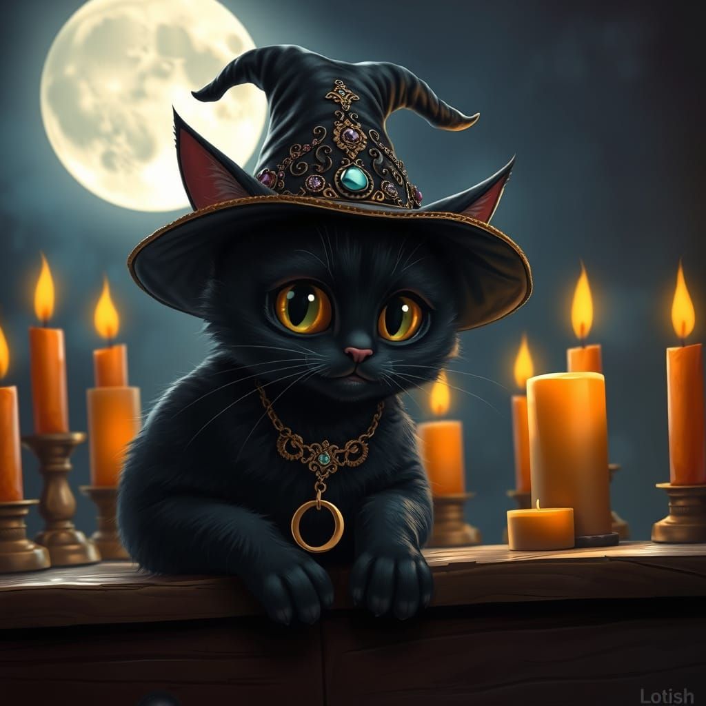 A cute and whimsical illustration of a black cat wearing a witch's hat and a necklace, sitting on a wooden table with ca...