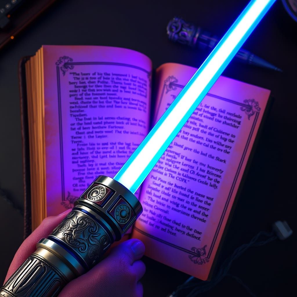 Electric Blue Lightsaber Illuminates Ancient, Twisting Text
