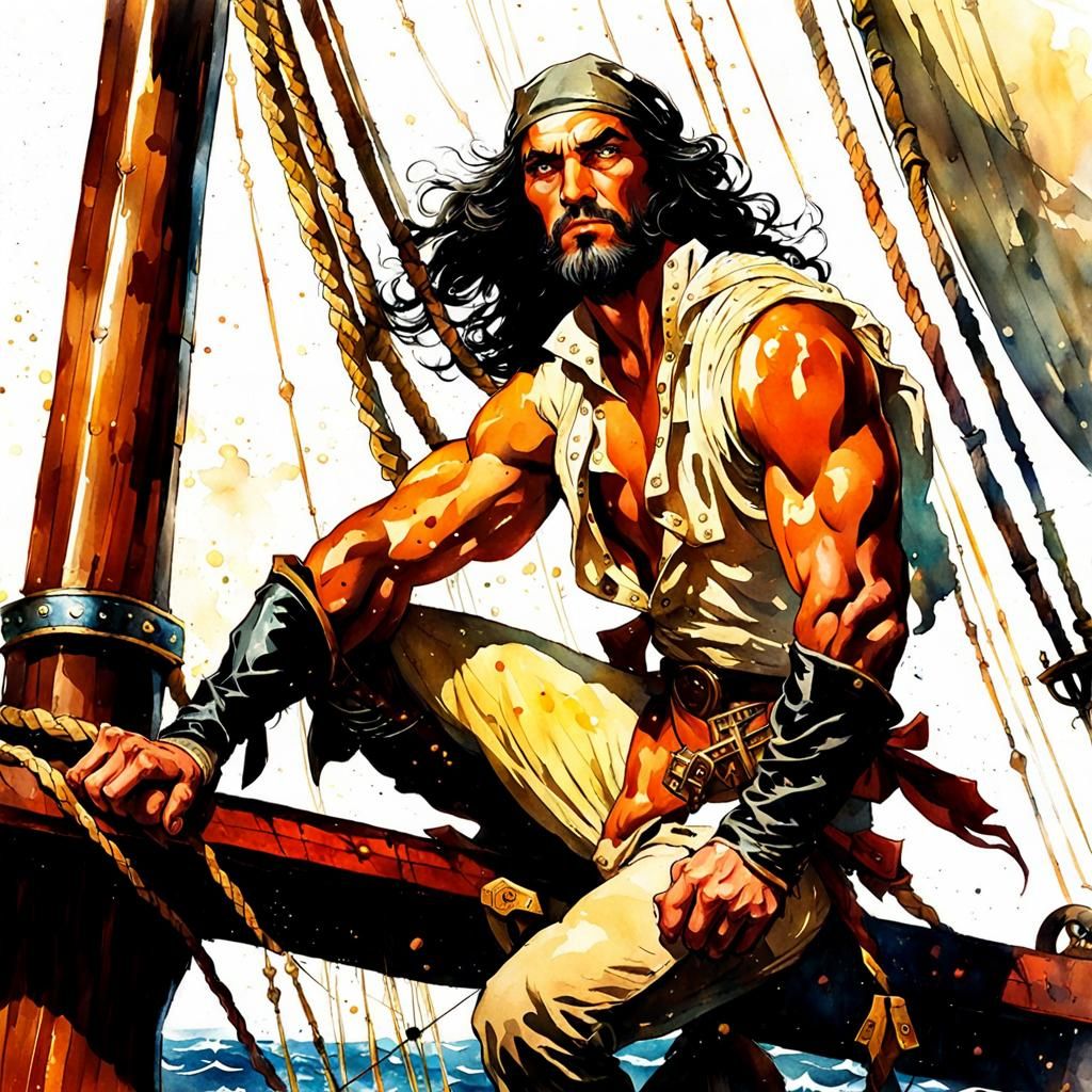 Villainous Pirate Rogue on Sailing Ship Deck