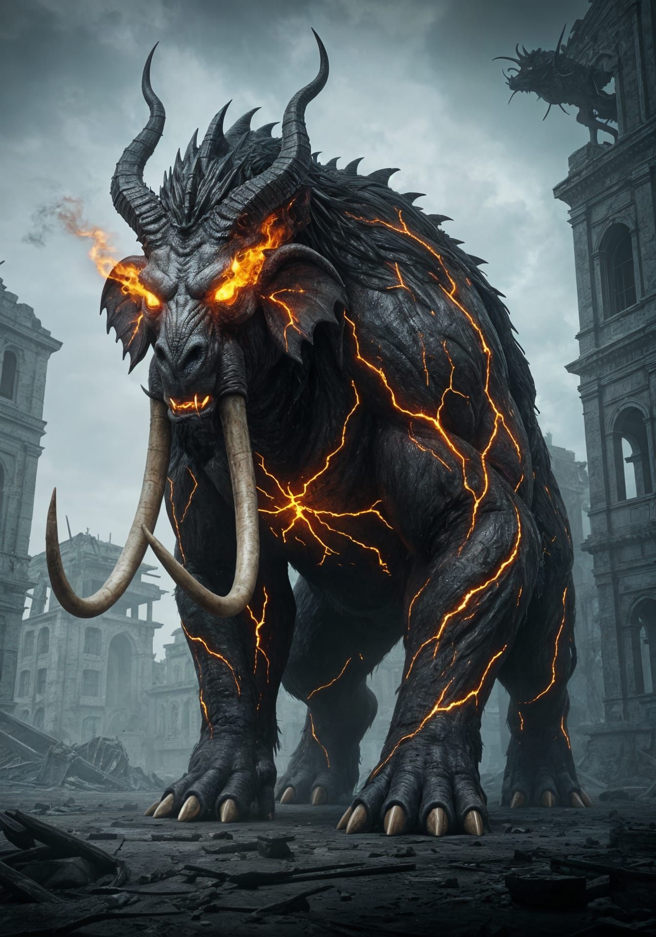 Demon Mammoth in Ruined City, Hyperrealistic Style