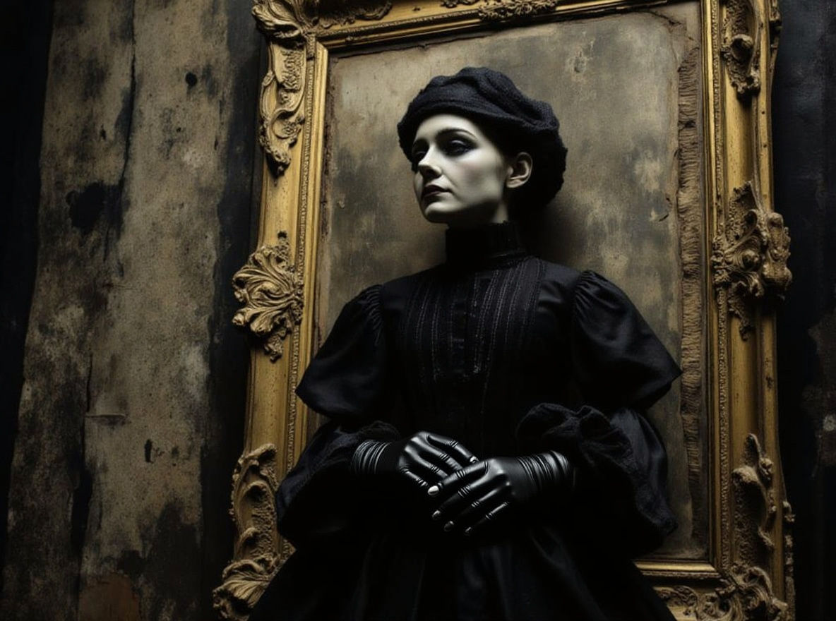 Goth Girl in Ornate Frame, Dark Atmospheric Collage