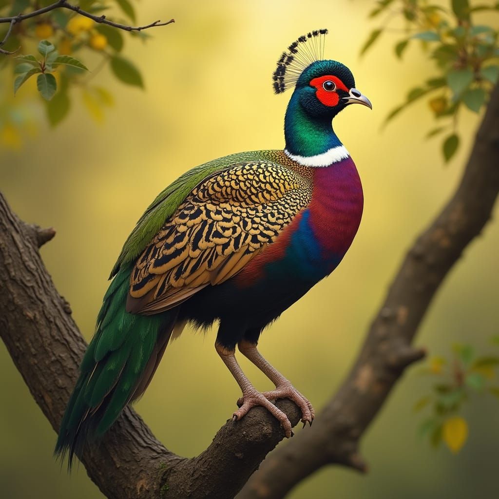 Smiling Pheasant on Branch in Hyperrealistic Qajar Art