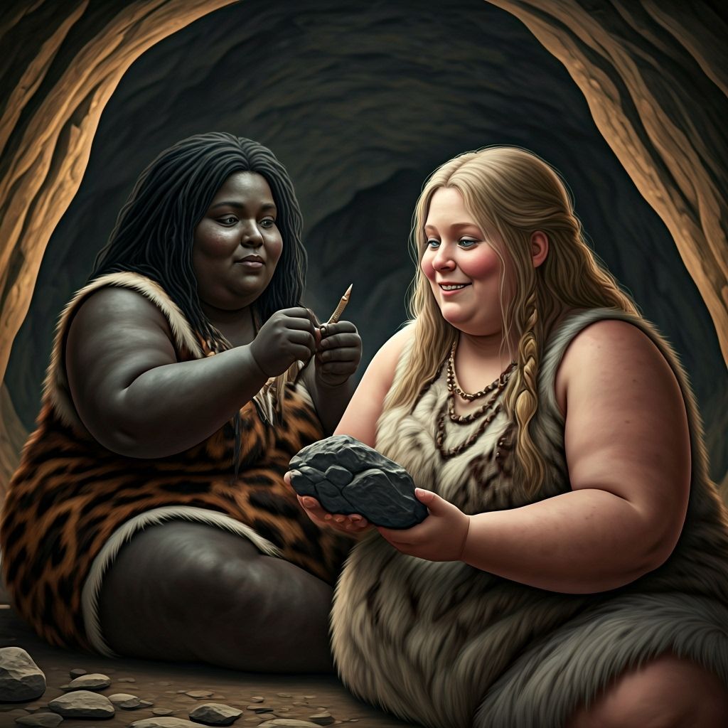 Prehistoric Women Sculpting Venus Statue in Cave