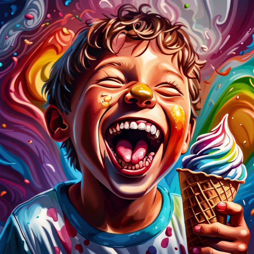 Happy Boy with Ice Cream: Hyperrealistic Splash Art