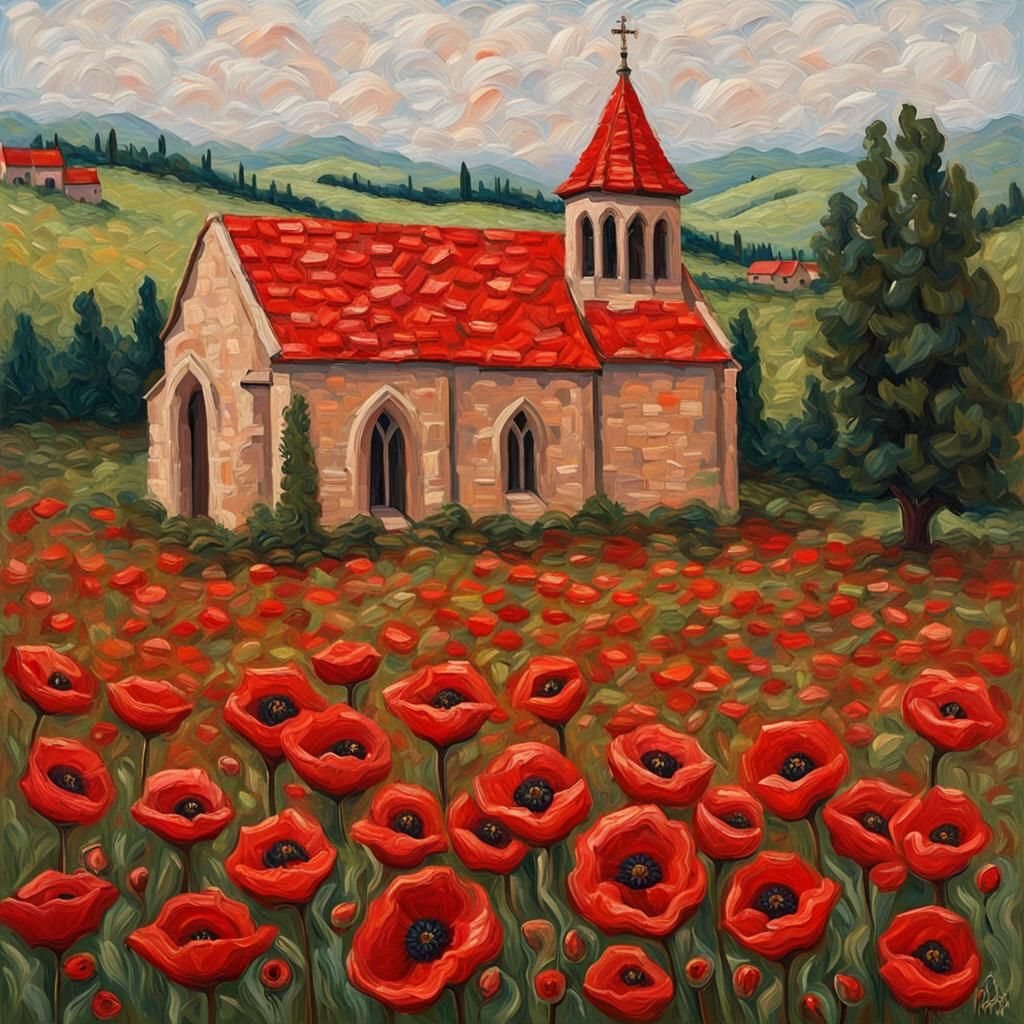 Medieval Chapel Surrounded by Poppies as Impasto Painting
