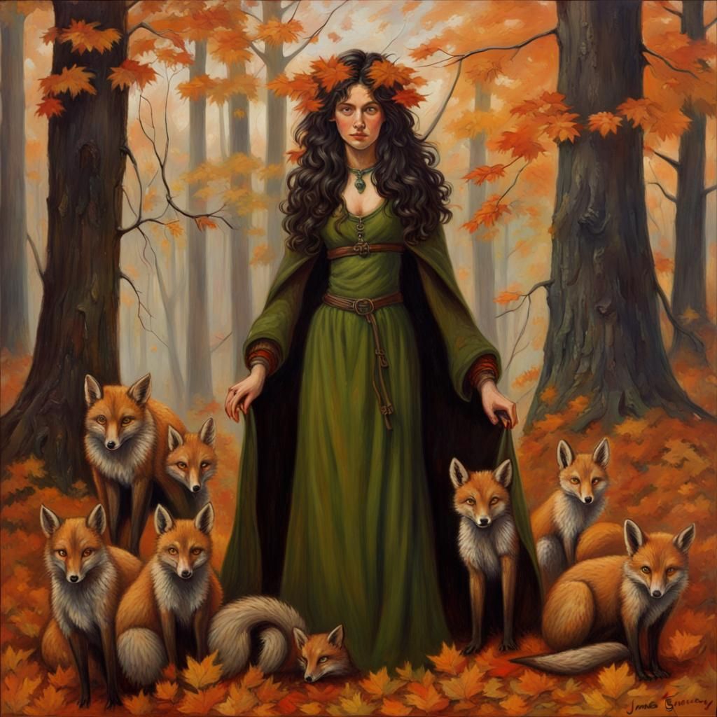 Earth Witch in Autumn Forest, Oil Painting