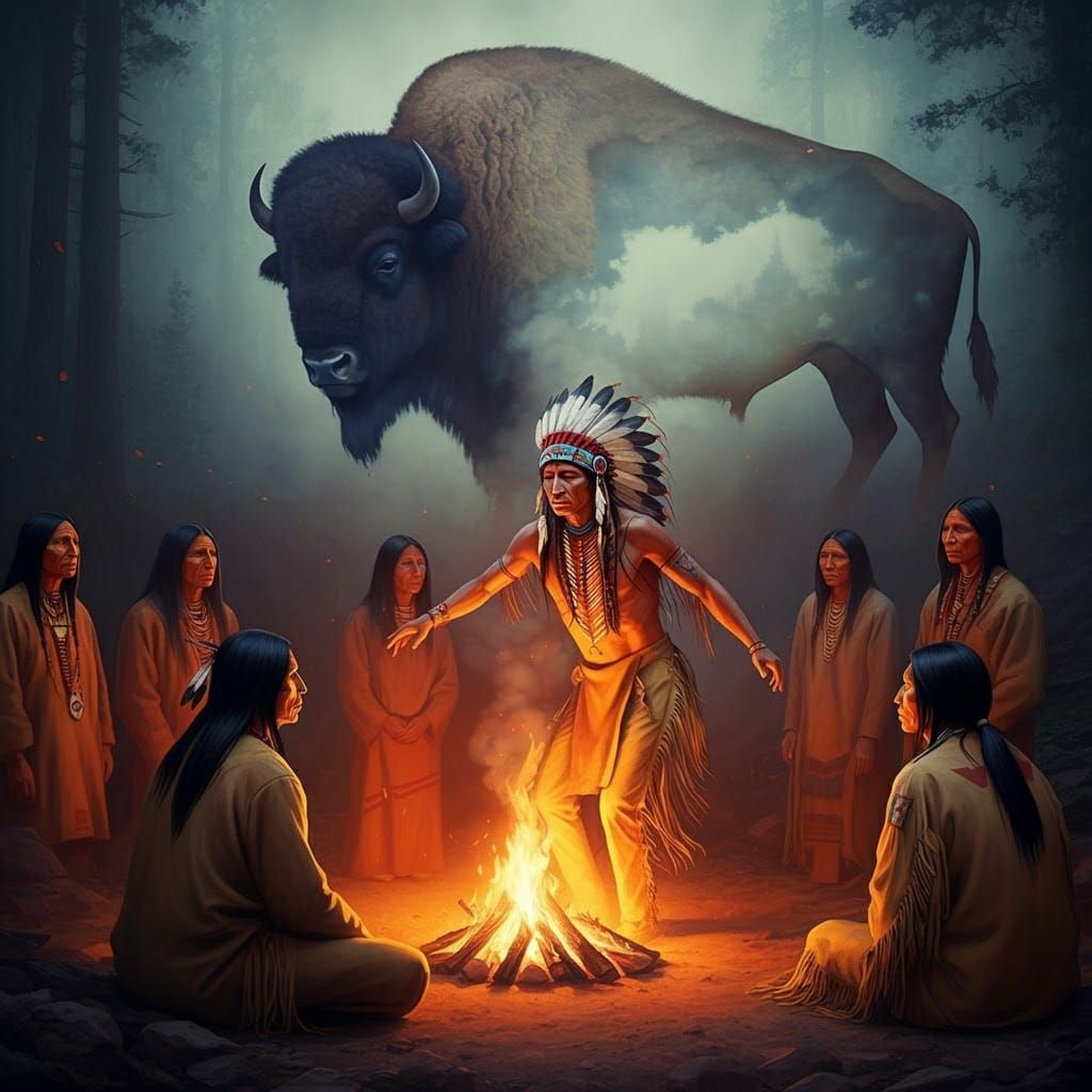 Mystical Shaman's Bison Dance in Dreamlike Forest