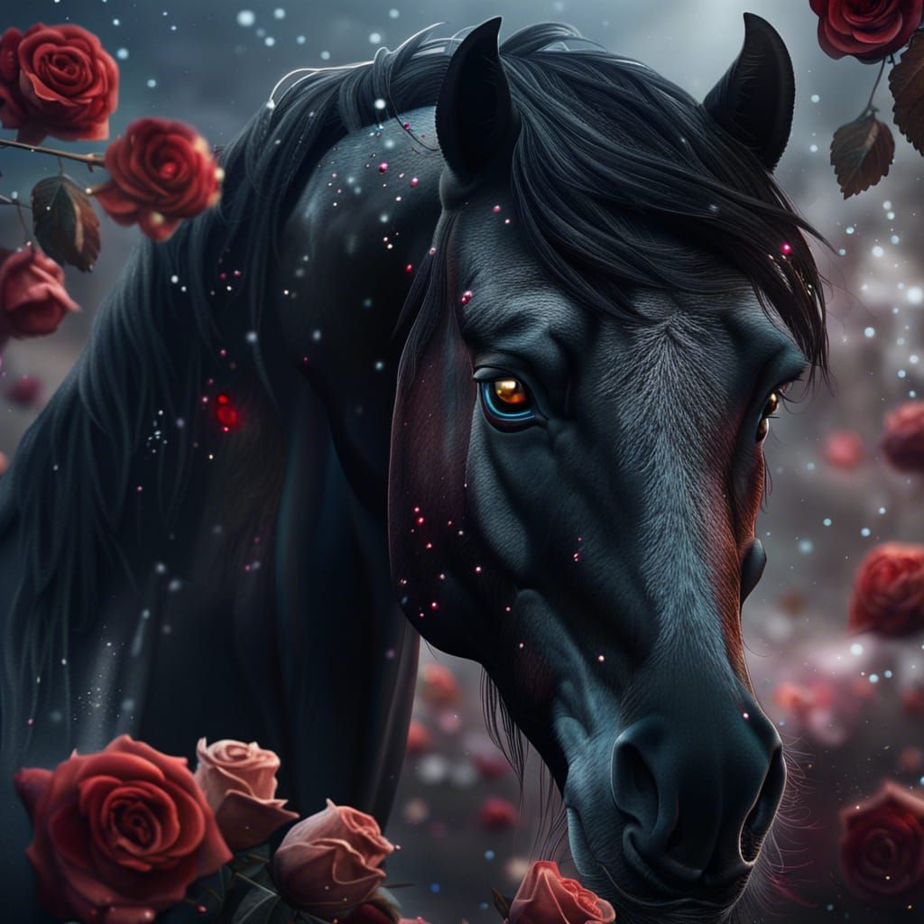 Ethereal Black Horse with Roses in Snowy Landscape