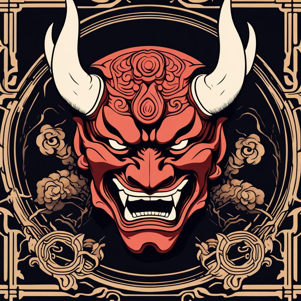 Samurai Oni Hannya Mask Logo in Anime Style