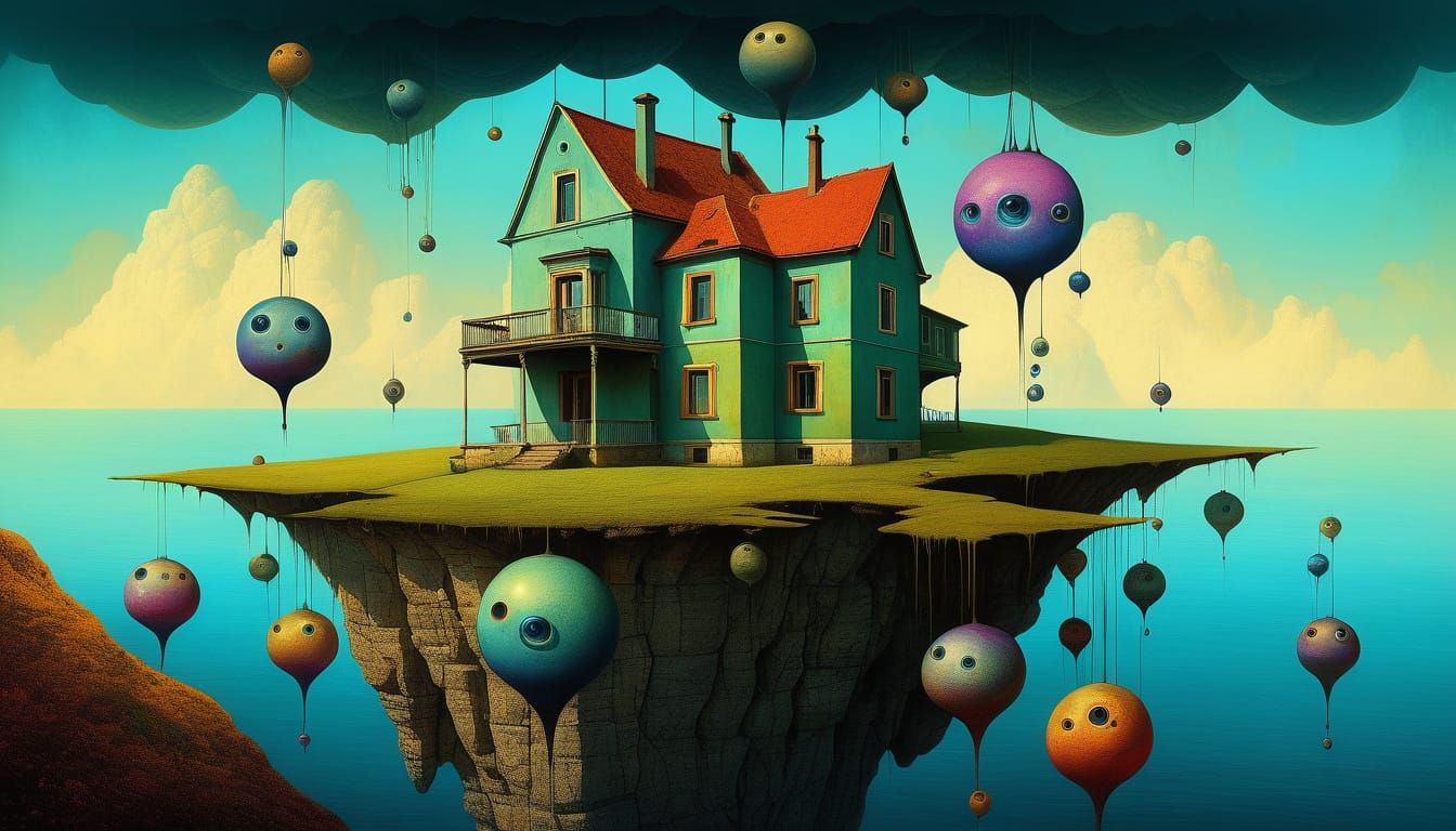 Surreal Landscape with Floating Eyes and Cliffside House in ...