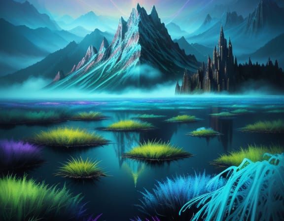 Vibrant Fantasy Spiderweb Mountain in Ethereal Pastel Light