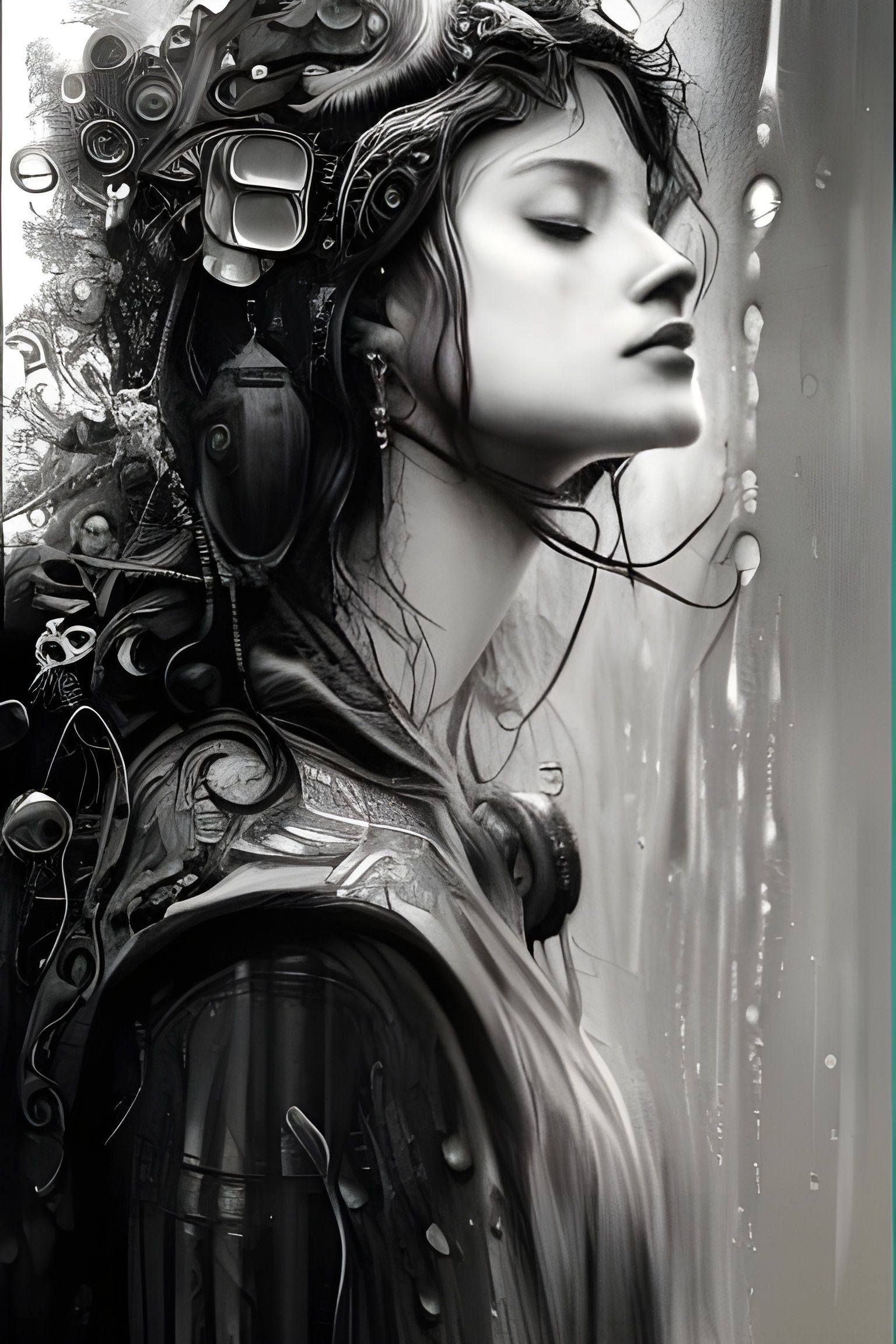 Queen in Rain: Black and White Hyperdetailed Art