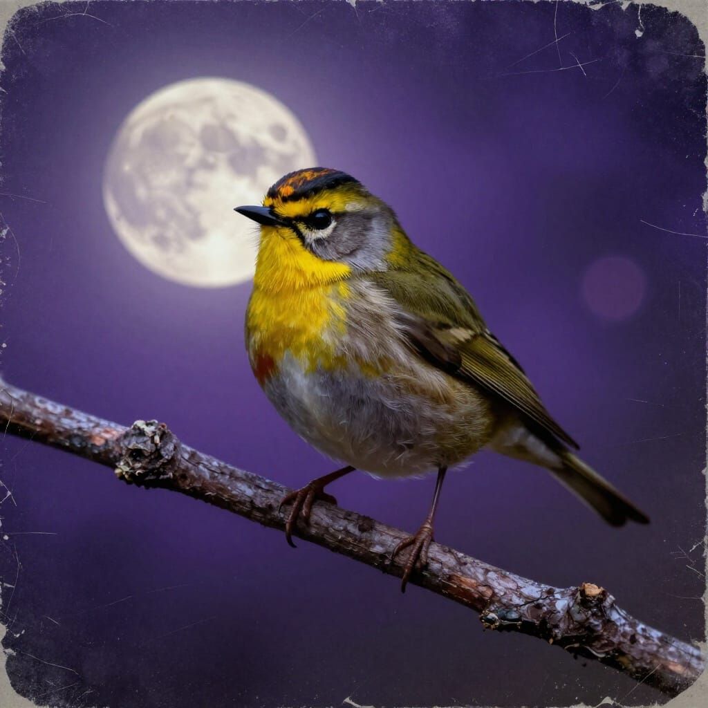 Goldcrest Bird on Gnarled Branch in Ethereal Moonlit Fog