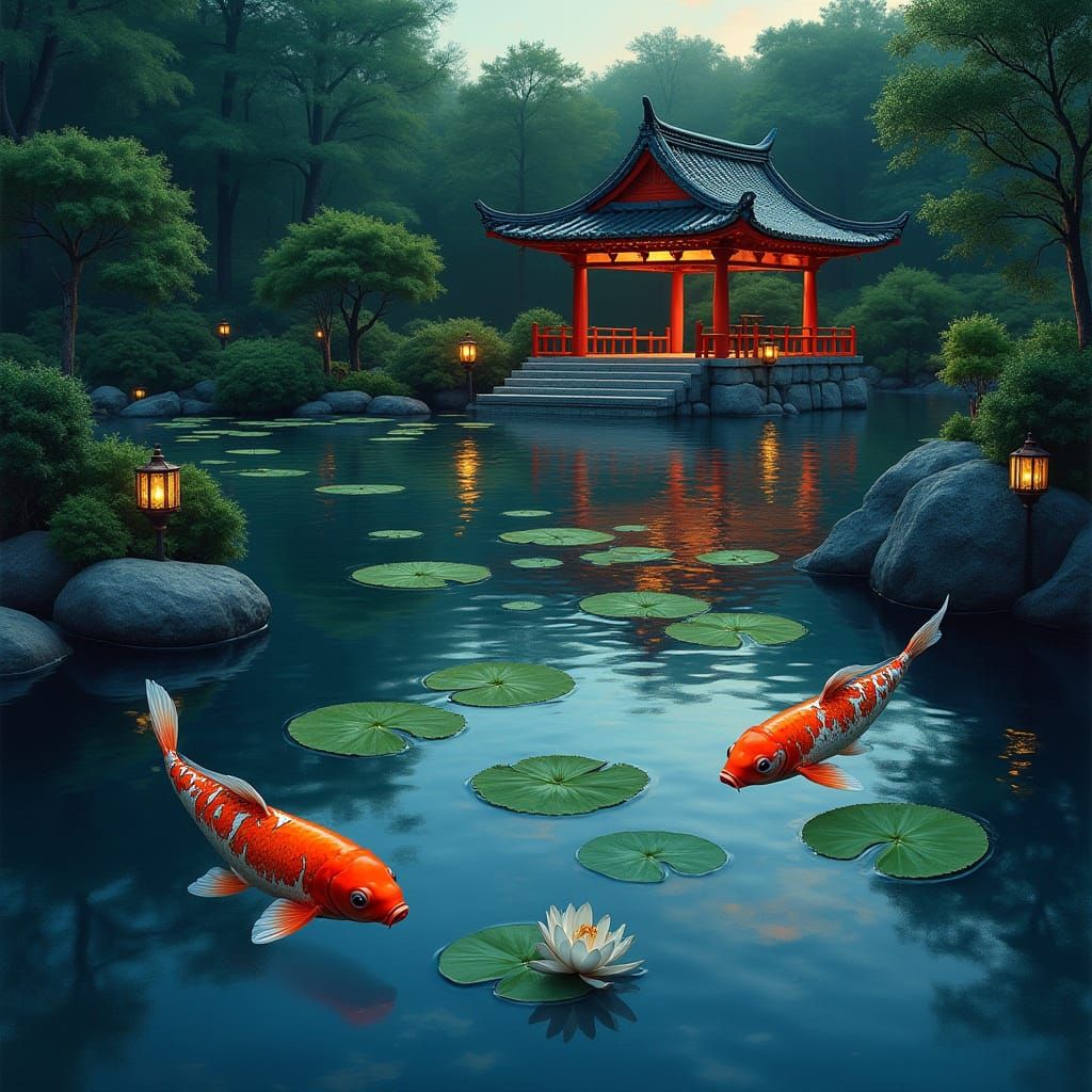 Koi Pond at Twilight in Impressionistic Style