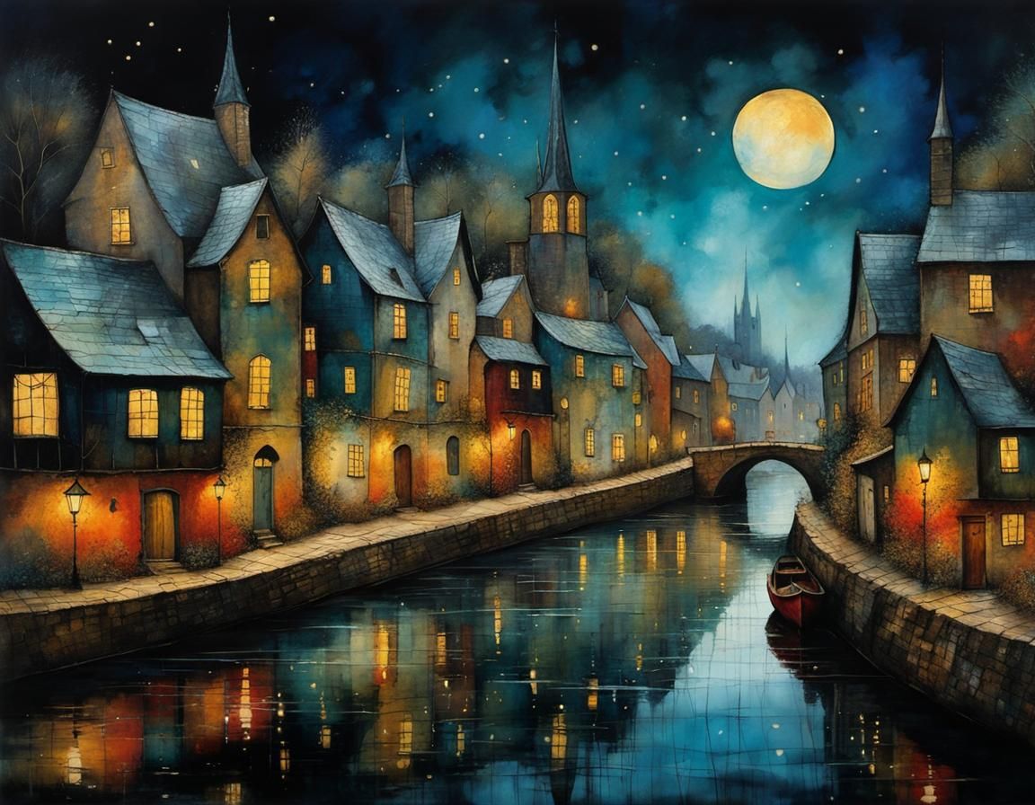 Magical River Town with Twinkling Lights