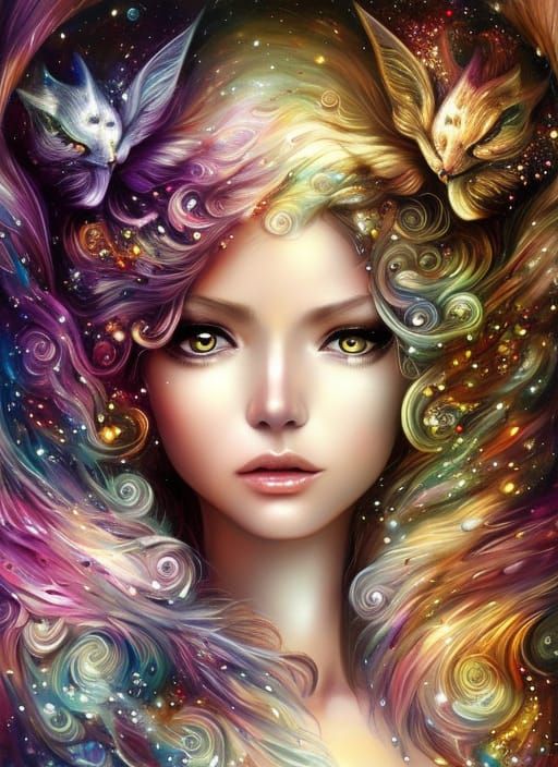 Magical Woman Transforms into Cat in Digital Art
