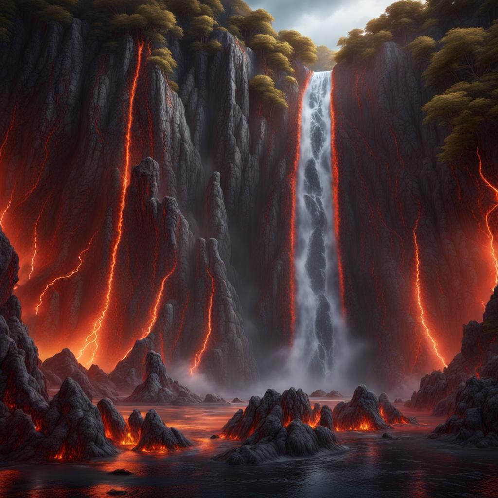 Fantastical Volcanic Waterfall in Detailed Matte Painting