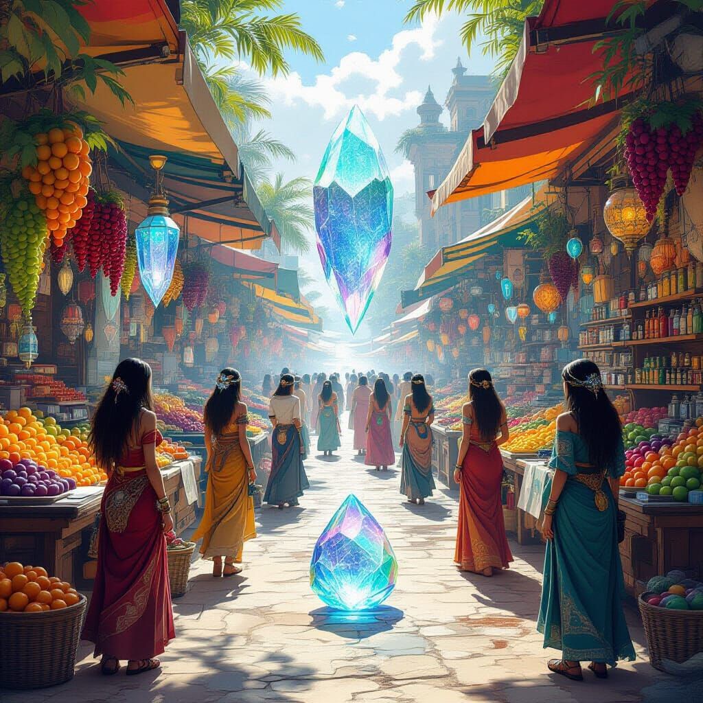 Exoplanet Marketplace with Crystalline Entity, Digital Paint...