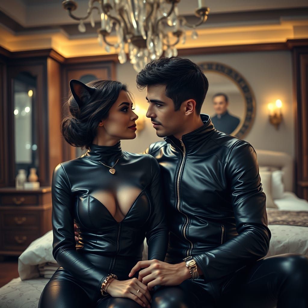 Futuristic Feline Lovers in Richly Decorated Bedroom