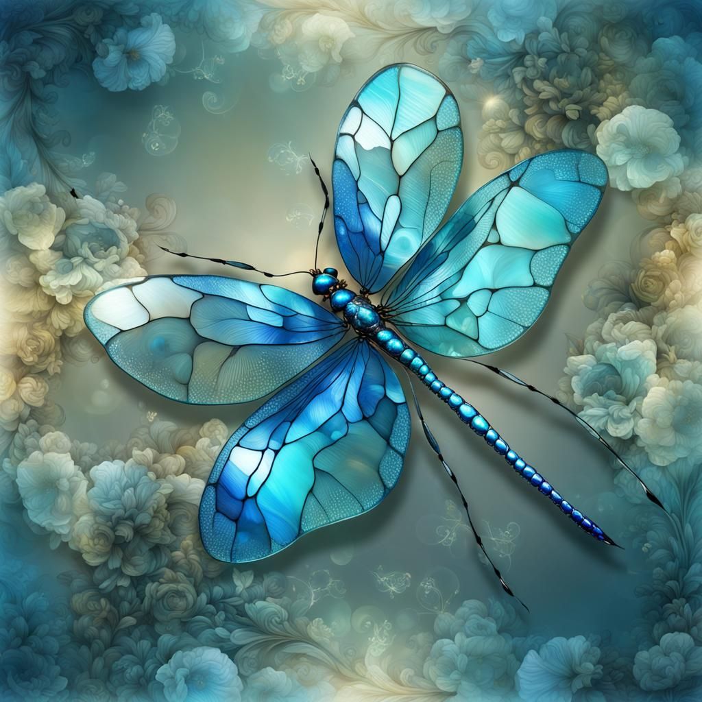 Exquisite Iridescent Glass Dragonfly with Precious Stones