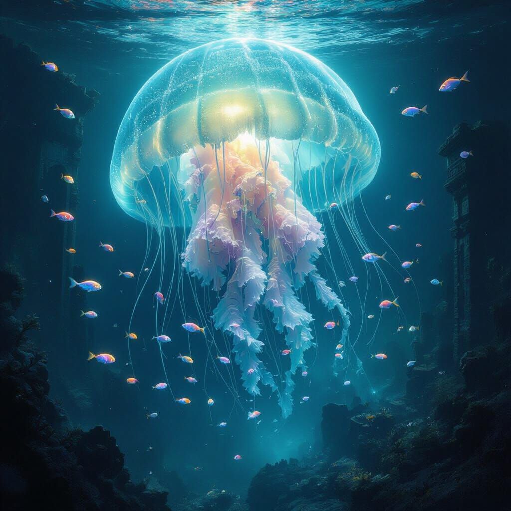 Giant Bioluminescent Jellyfish Illuminates Alien Ocean Ruins