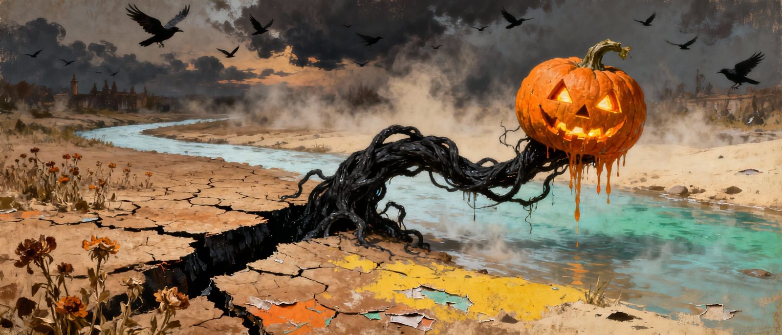 Halloween Riverbed Horror: Pumpkin Head Emerges from Crack
