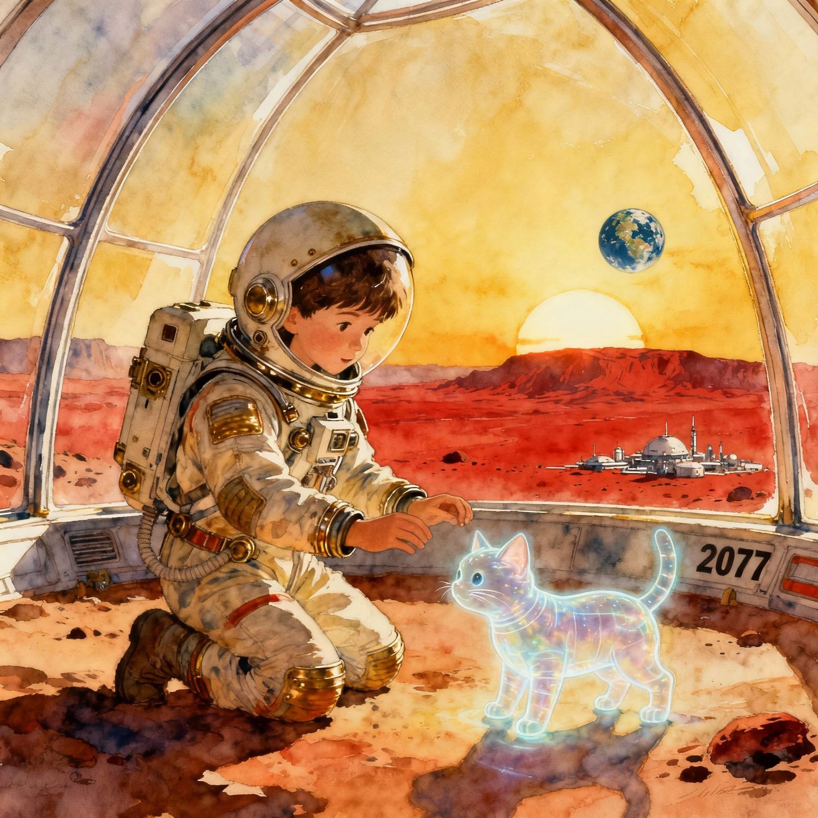 Child Plays With Holographic Pet in Mars Biodome