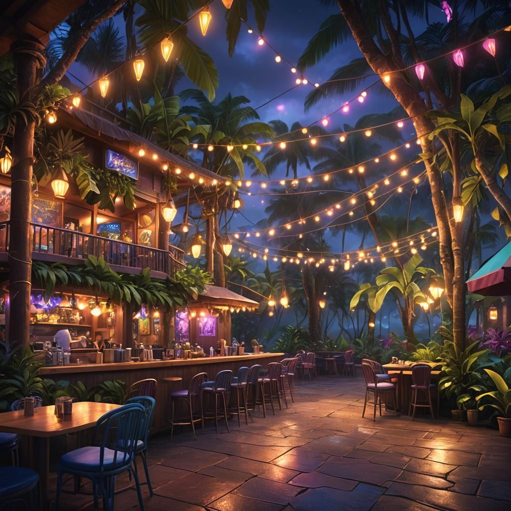 Colorful Night Cafe in Hawaii: Fantasy Concept Art