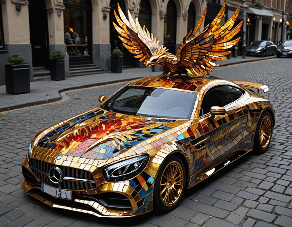"A futuristic 3D AMG C192 Mercedes sports car made entirely out of stained glass with mosaic tiles each the size of a ha...