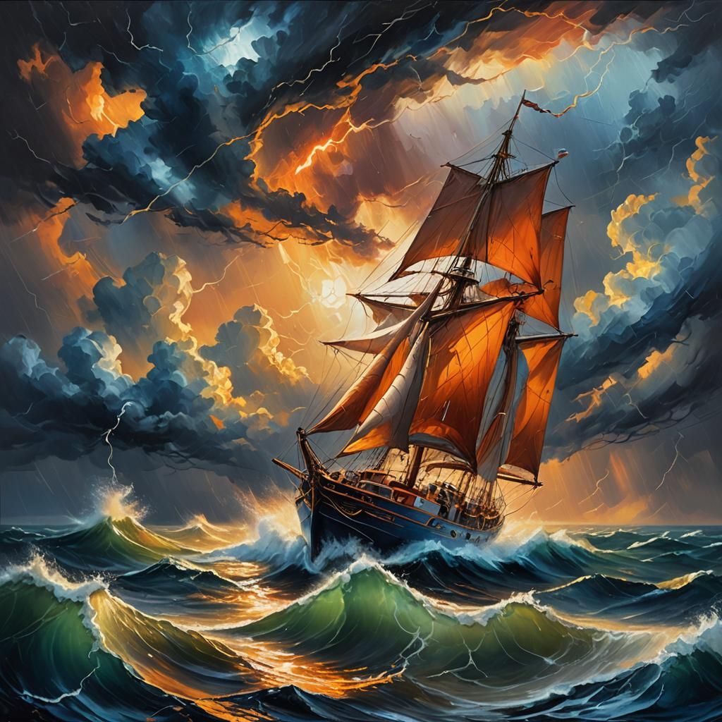 Sailboat Battles Stormy Seas: Impasto Oil Painting