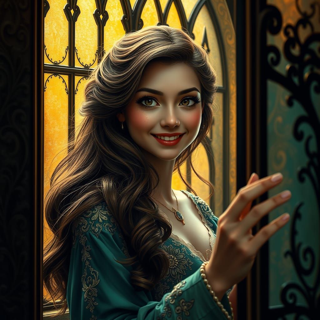 Regal Woman with Mischievous Smile in Art Nouveau Style