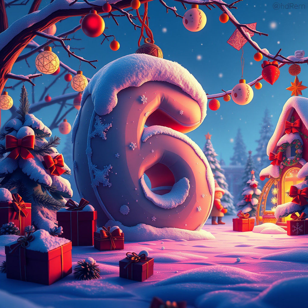 Festive Number 6 Character in Cartoon Christmas Scene