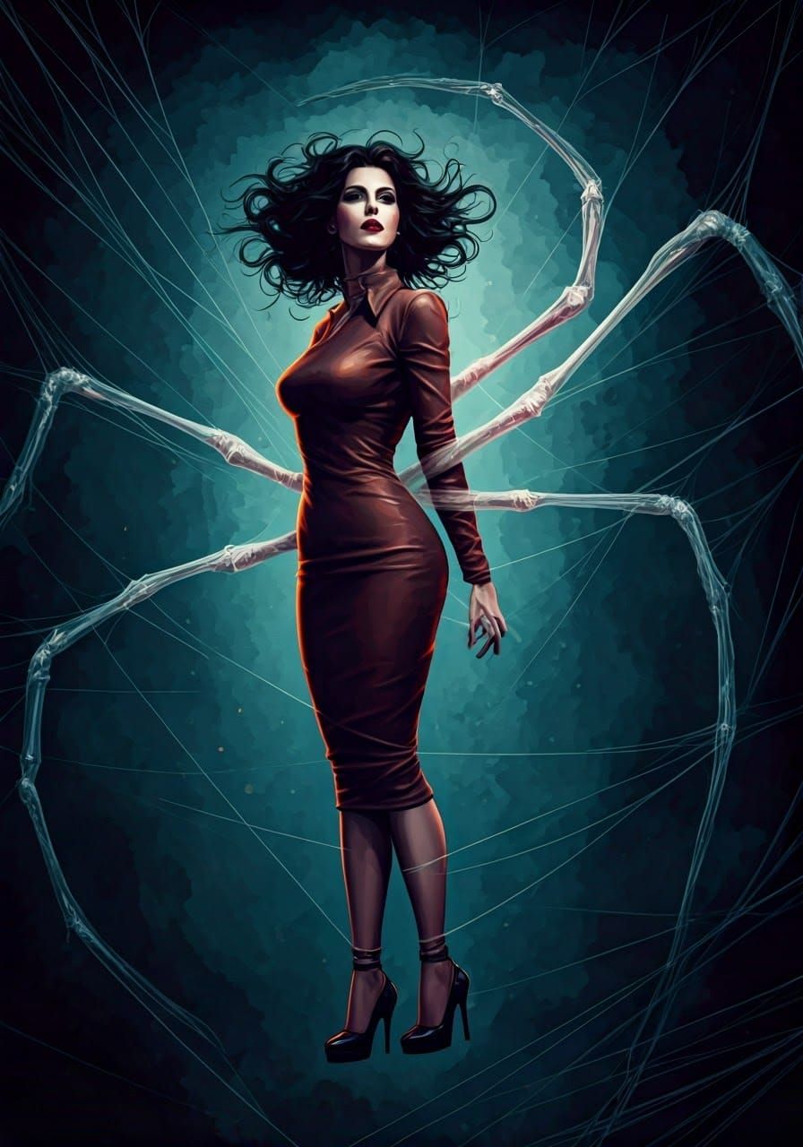 Woman Suspended by Arachnoid Arms in Noir Style