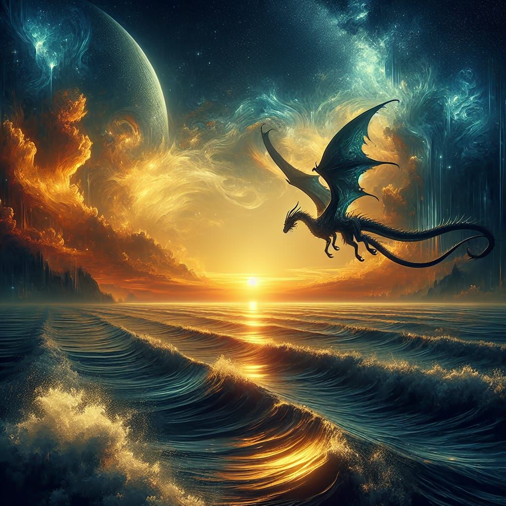 Dragon Soaring Over Dawn Sea: Fantasy Concept Art