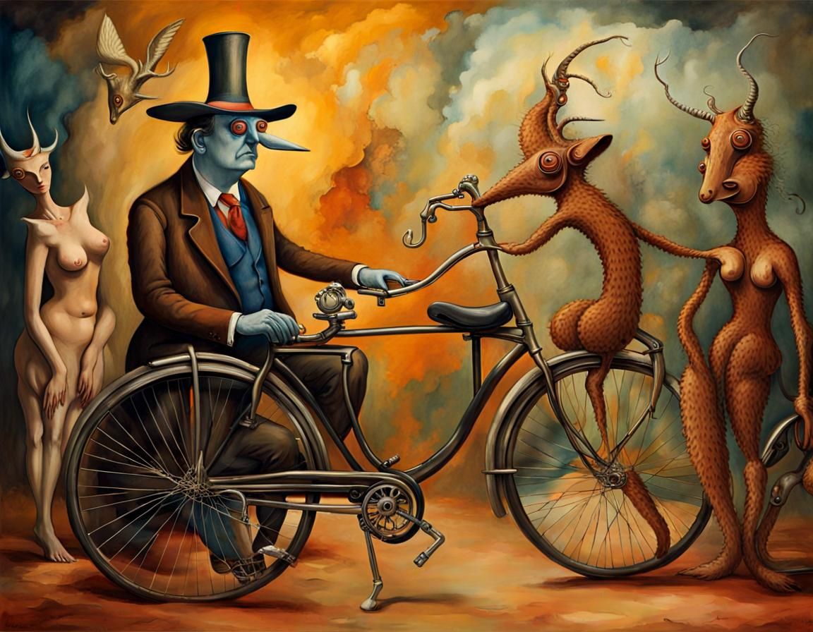 Surreal Dreamscape with Bicycle: Magical Realism in Watercol...