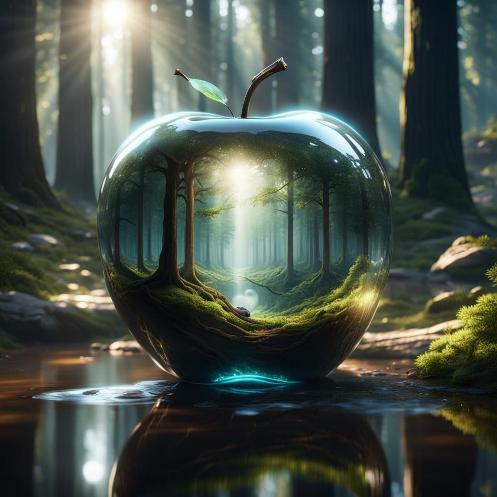 Glass Apple Reflecting Forest in Fantasy Art Style