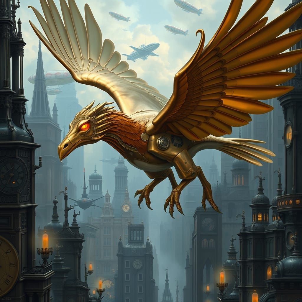 Steampunk Hippogriff Soaring Through Victorian Cityscape