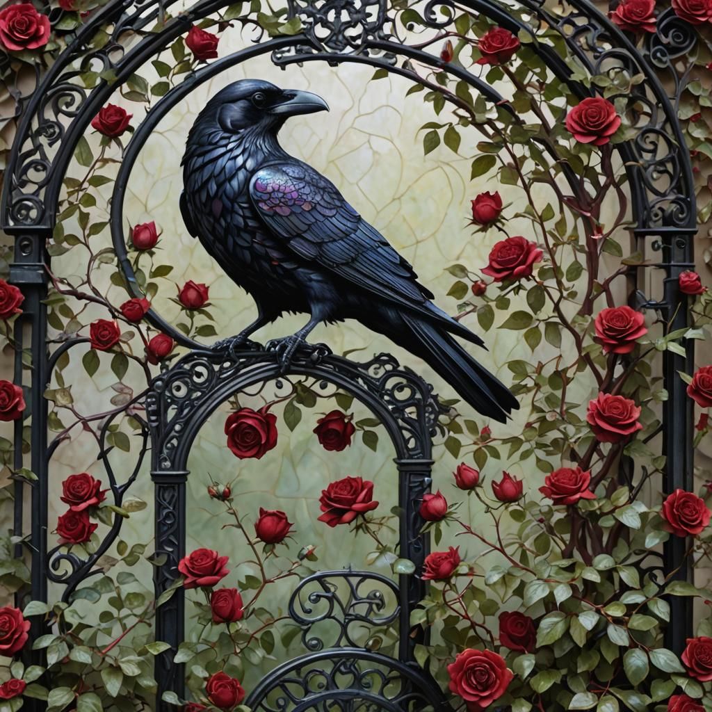 Iridescent Raven in Rosebush Archway: Digital Art