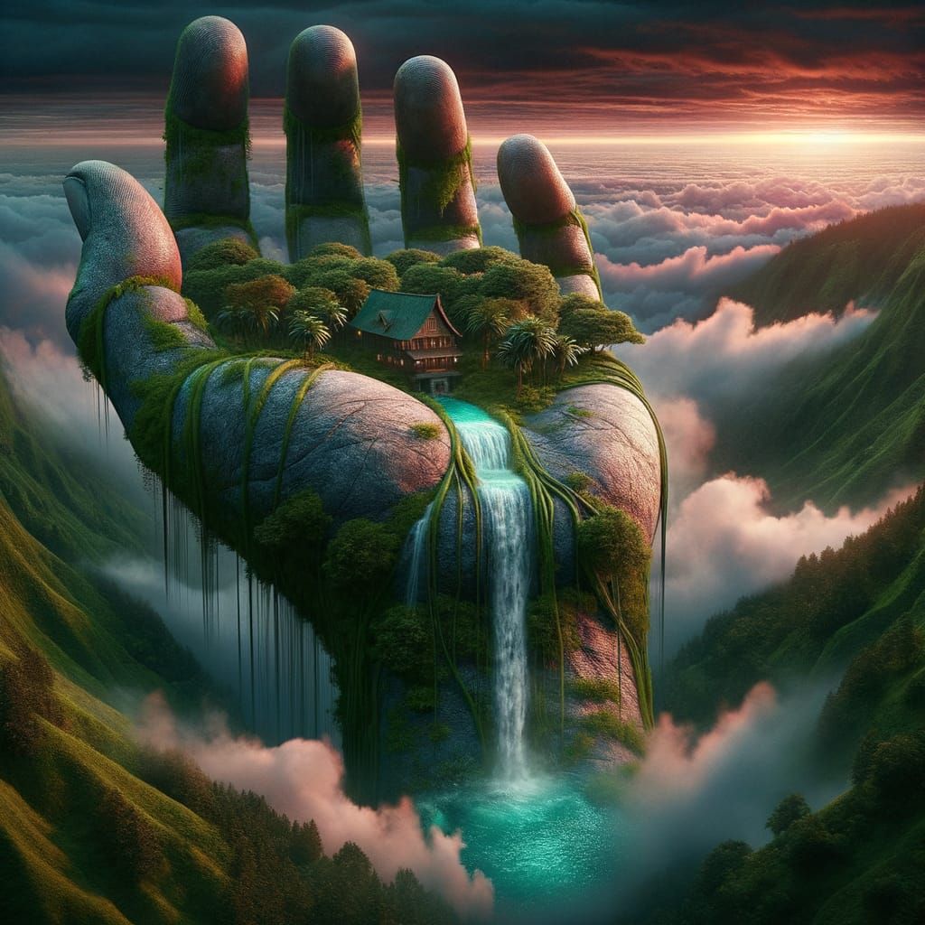 Giant Stone Hand Cottage in Sunset Sky 3D Landscape