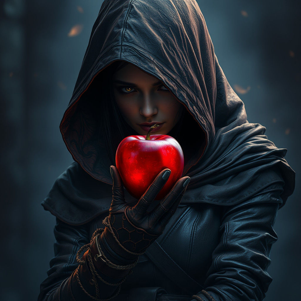 Crimson Apple: Hooded Assassin in Dark Fantasy Art
