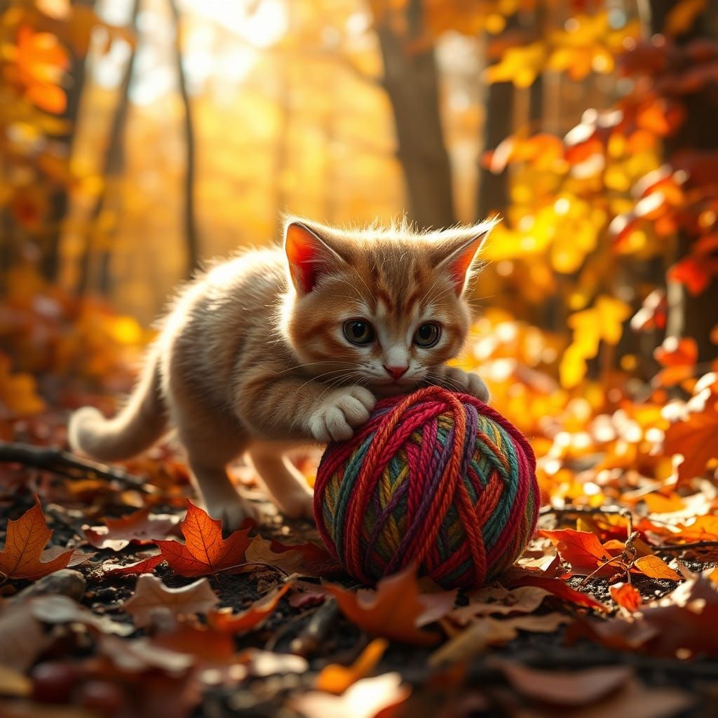 Whimsical Yarn Cat Plays in Autumn Forest