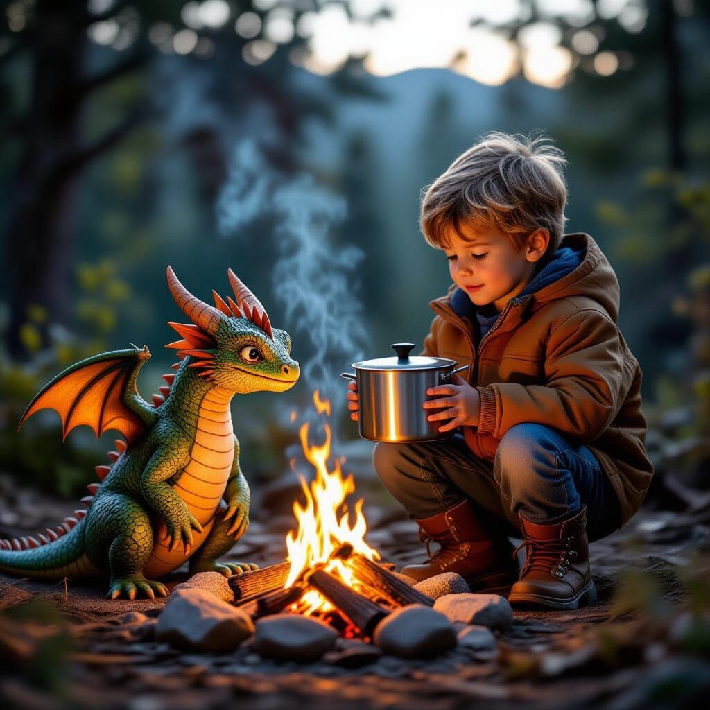 Boy and Dragon Light Campfire: Photorealistic Wilderness Sce...