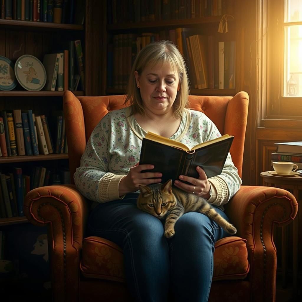 Cozy Reading Scene with Woman and Cat
