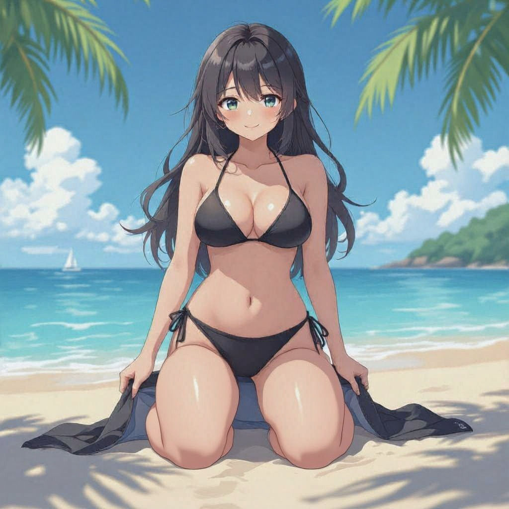 Voluptuous Anime Girl at the Beach in Vibrant Style
