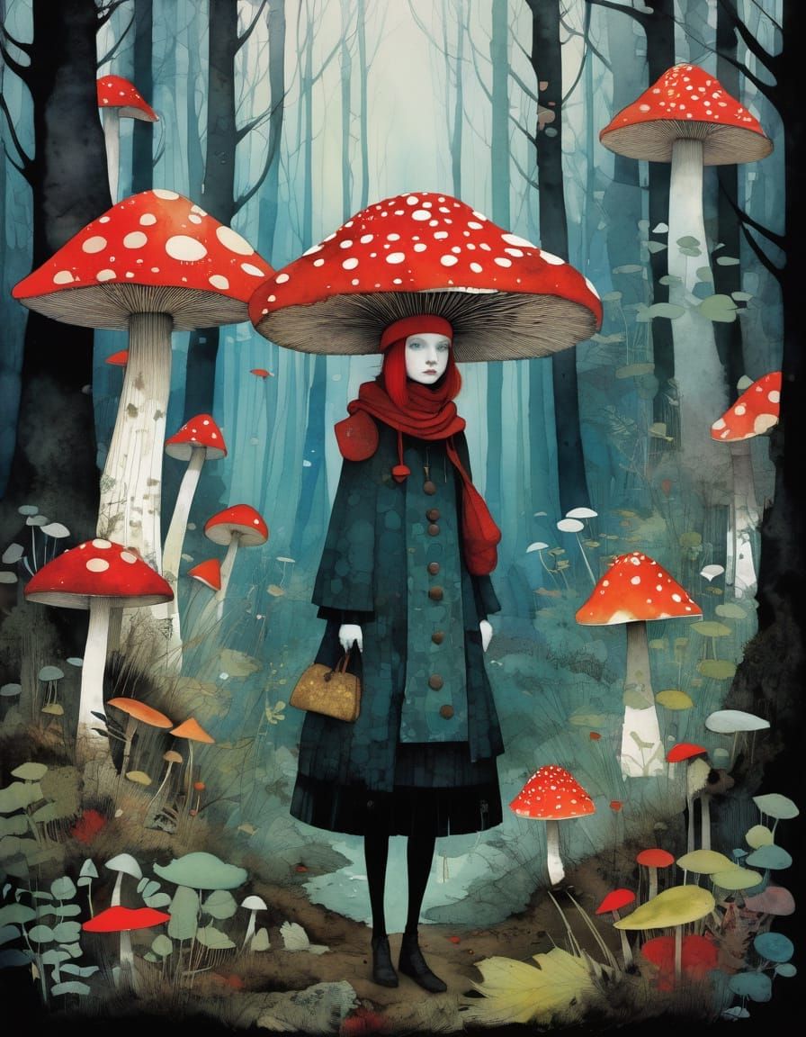 Majestic Red Cap Mushrooms in a Whimsical Forest Setting
