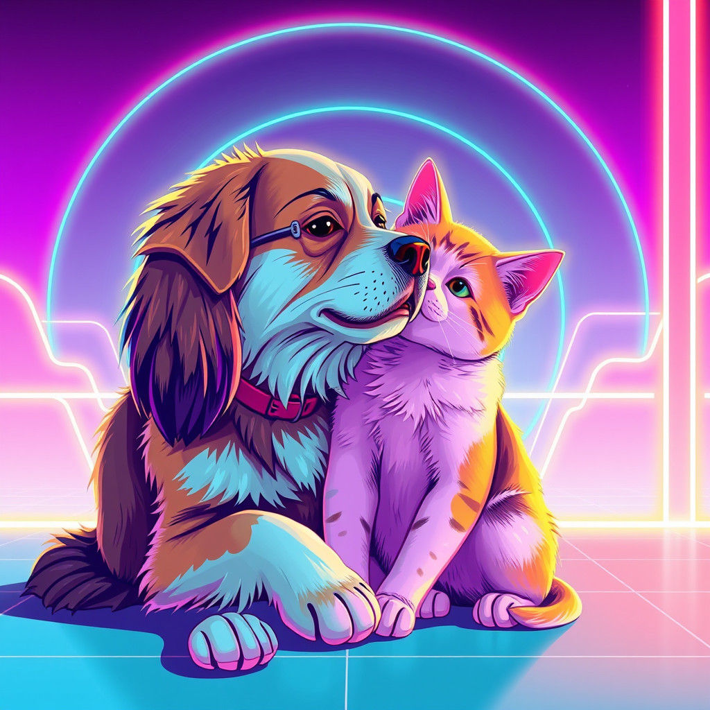 Synthwave Dog and Cat Embrace in Neon Cityscape