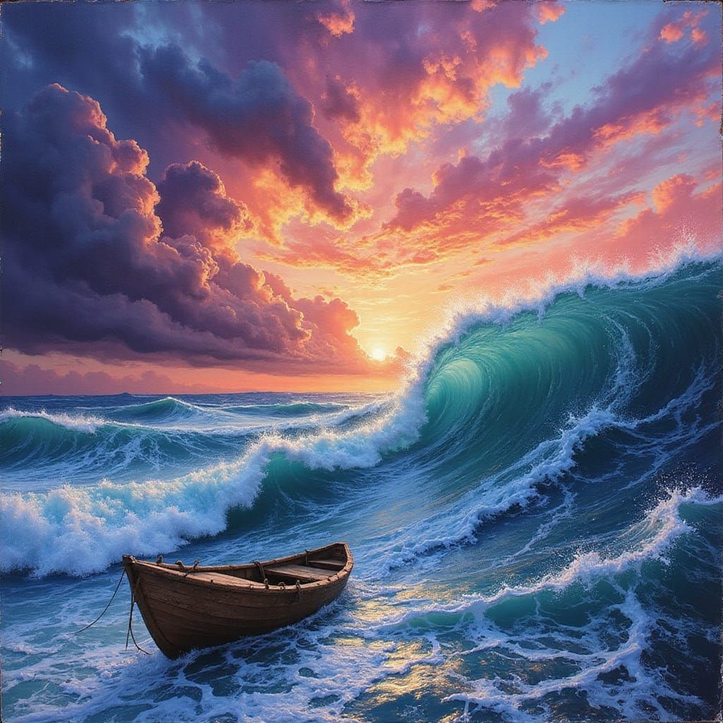 Stormy Sea at Sunset in Vibrant Dreamlike Style