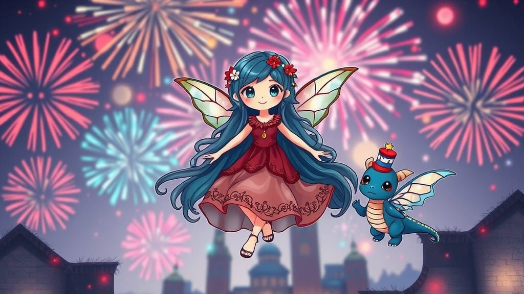 Whimsical Fairy and Dragon Dance Under Fireworks