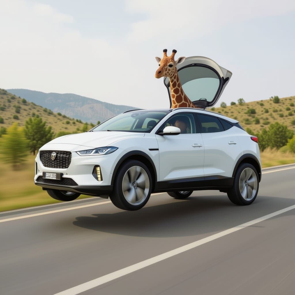 Flying Car with Giraffe Driver