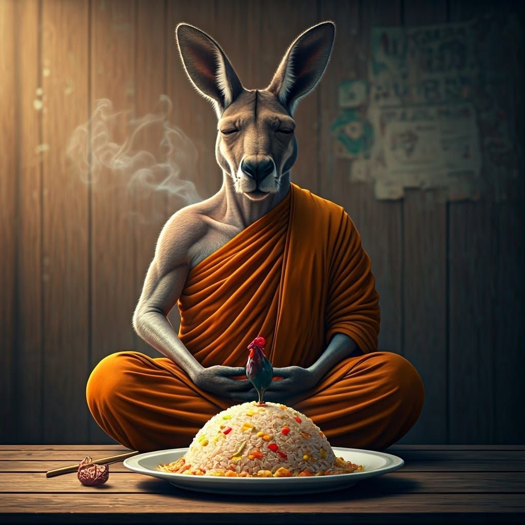 “A featherless kangaroo,  sits meditating on a plate of frie...